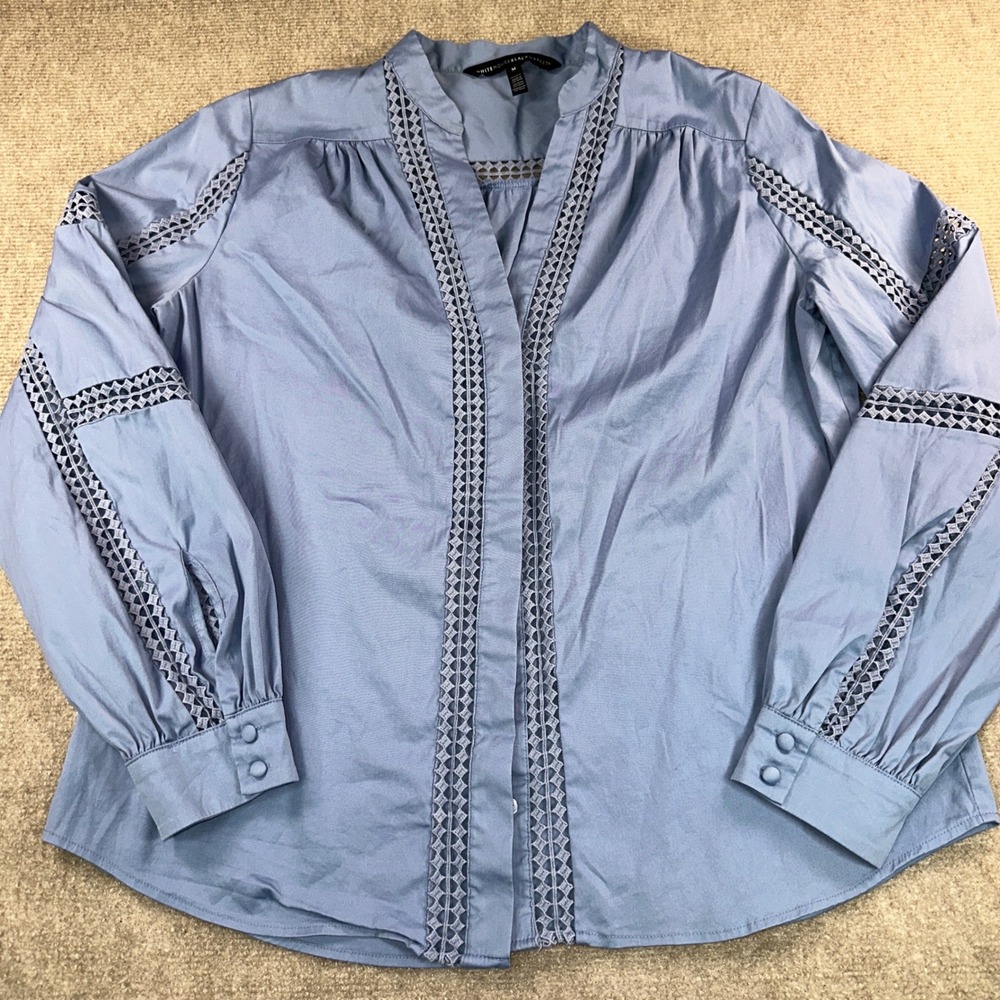 White House Black Market Blue Lace Trim Button Front Blouse Medium Long Sleeve